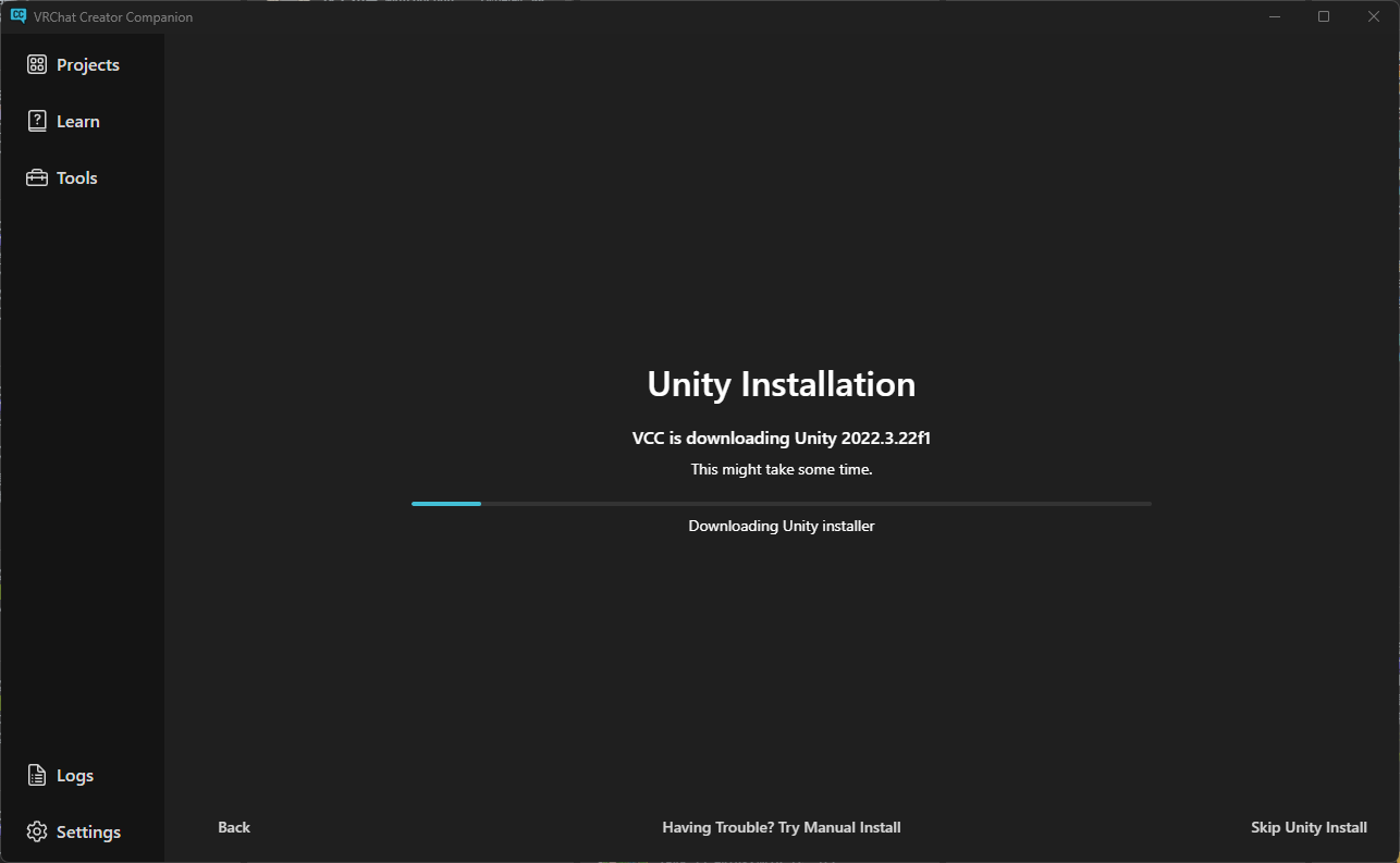 Unityのインストール進行画面