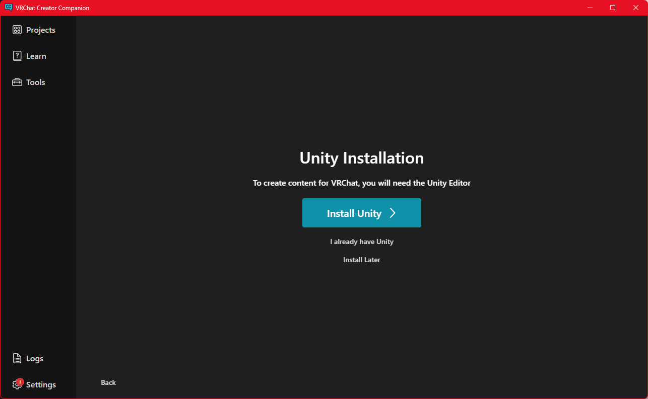 Unityインストール開始ボタンの画面