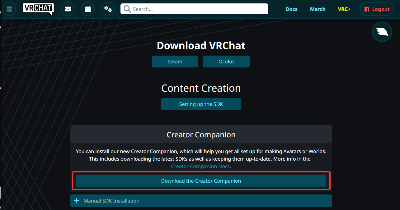 VRChat公式サイトのダウンロードページ